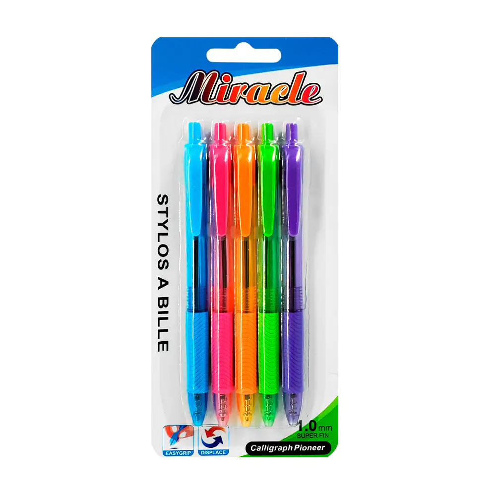 Blíster con 5 plumas retráctiles, punta de 1.0mm, variedad de colores…