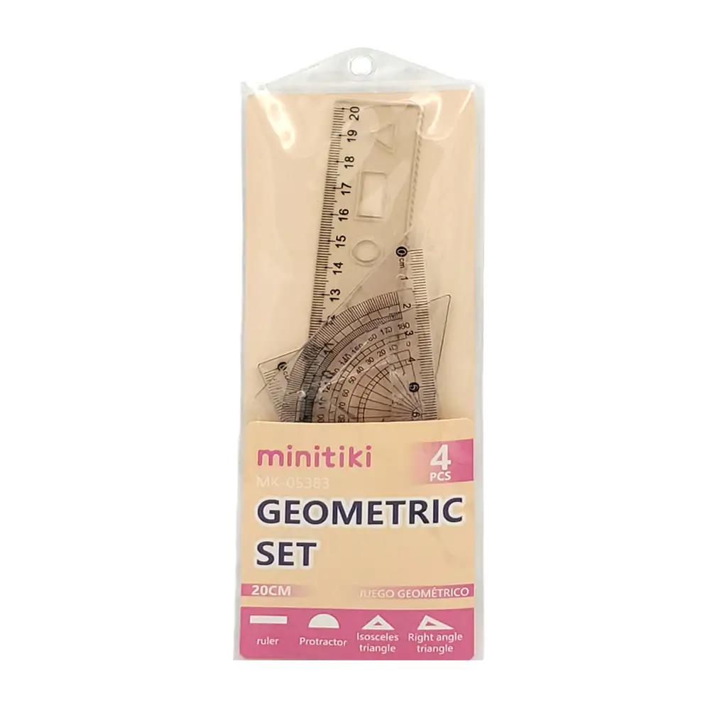 Juego de geometría con regla de 20cm, 2 escuadras y 1 transportador en plástico flexible transparente