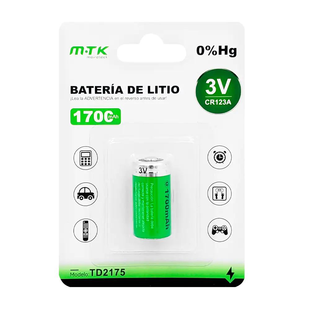 Blíster mtk con 1 pila / batería cilíndrica de 1700mah, cr123a / 3v