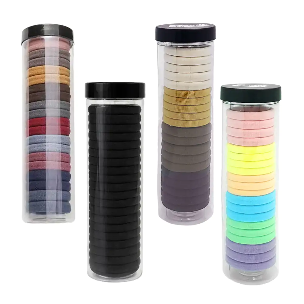 Bote de plástico con 20 ligas elásticas para el cabello, suaves, sin costura, variedad / w-xx04