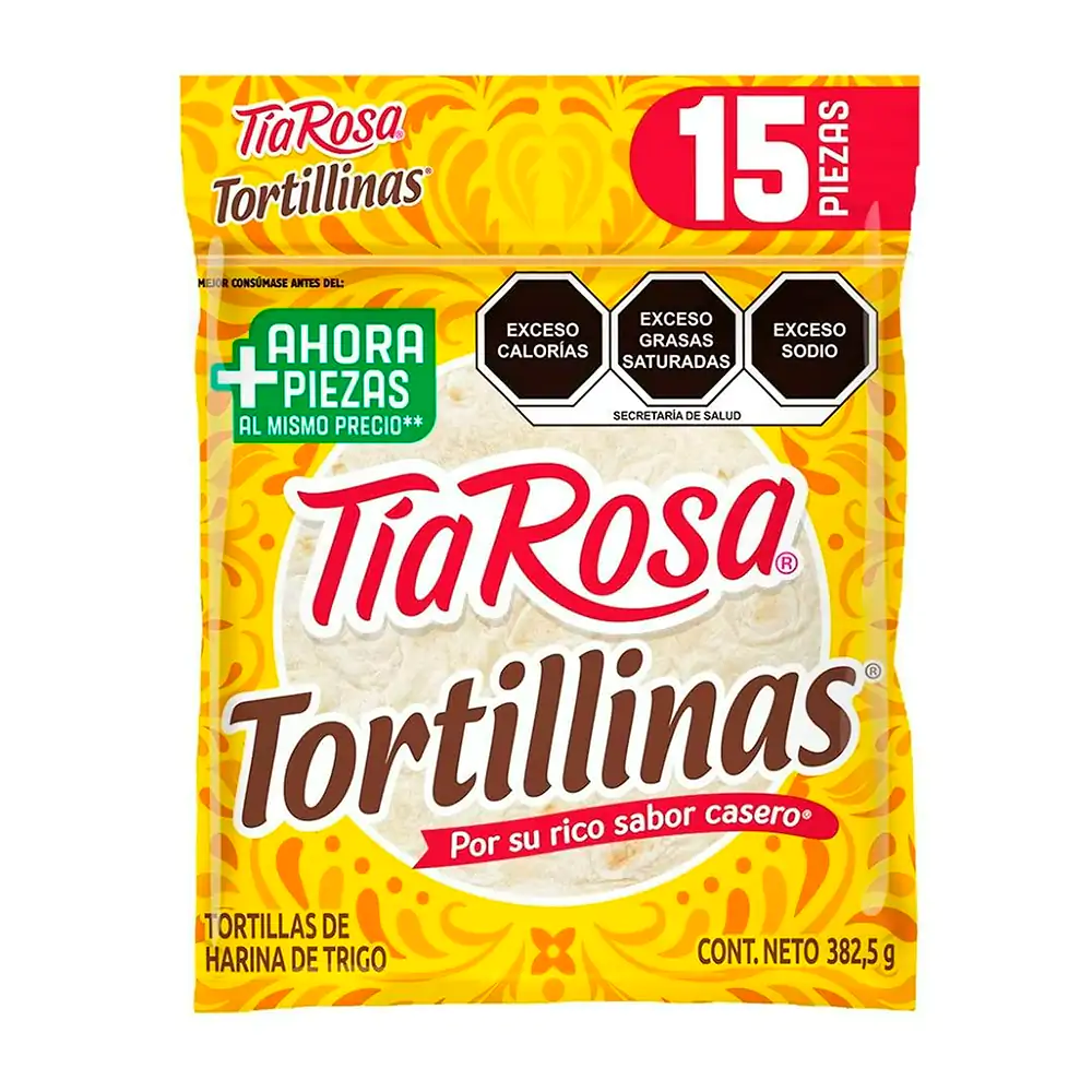 Paquete de tortillinas tia rosa, 15pzas de tortillas de harina, 382.5g / 036624