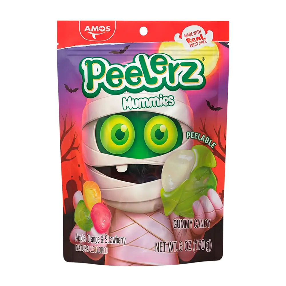Bolsa con gomitas peelerz pelable sabor frutal con temática de momia, 170g