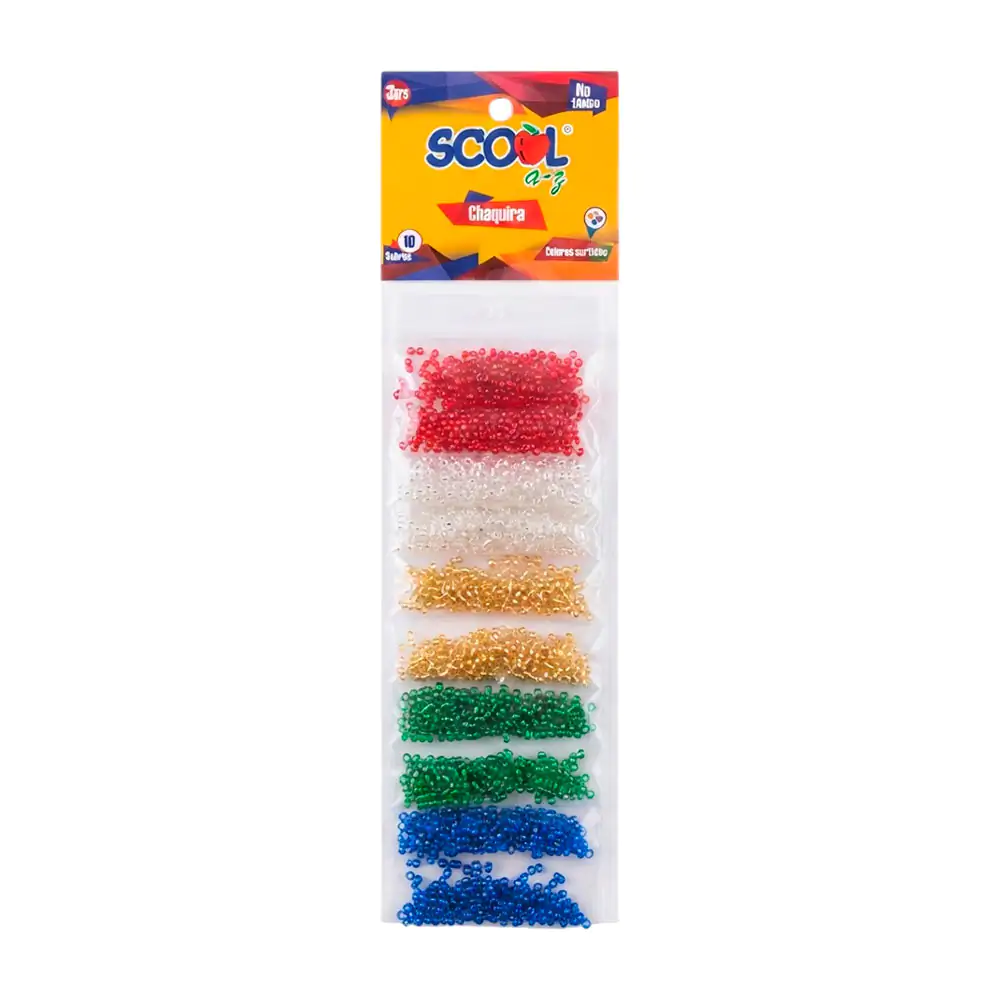 Blíster con 10 sobres de chaquiras scool de diferentes colores, ideal para manualidades