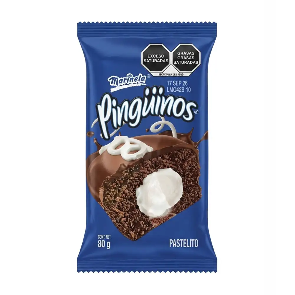 Pingüinos marinela, pastelito sabor chocolate con relleno cremoso, 80…