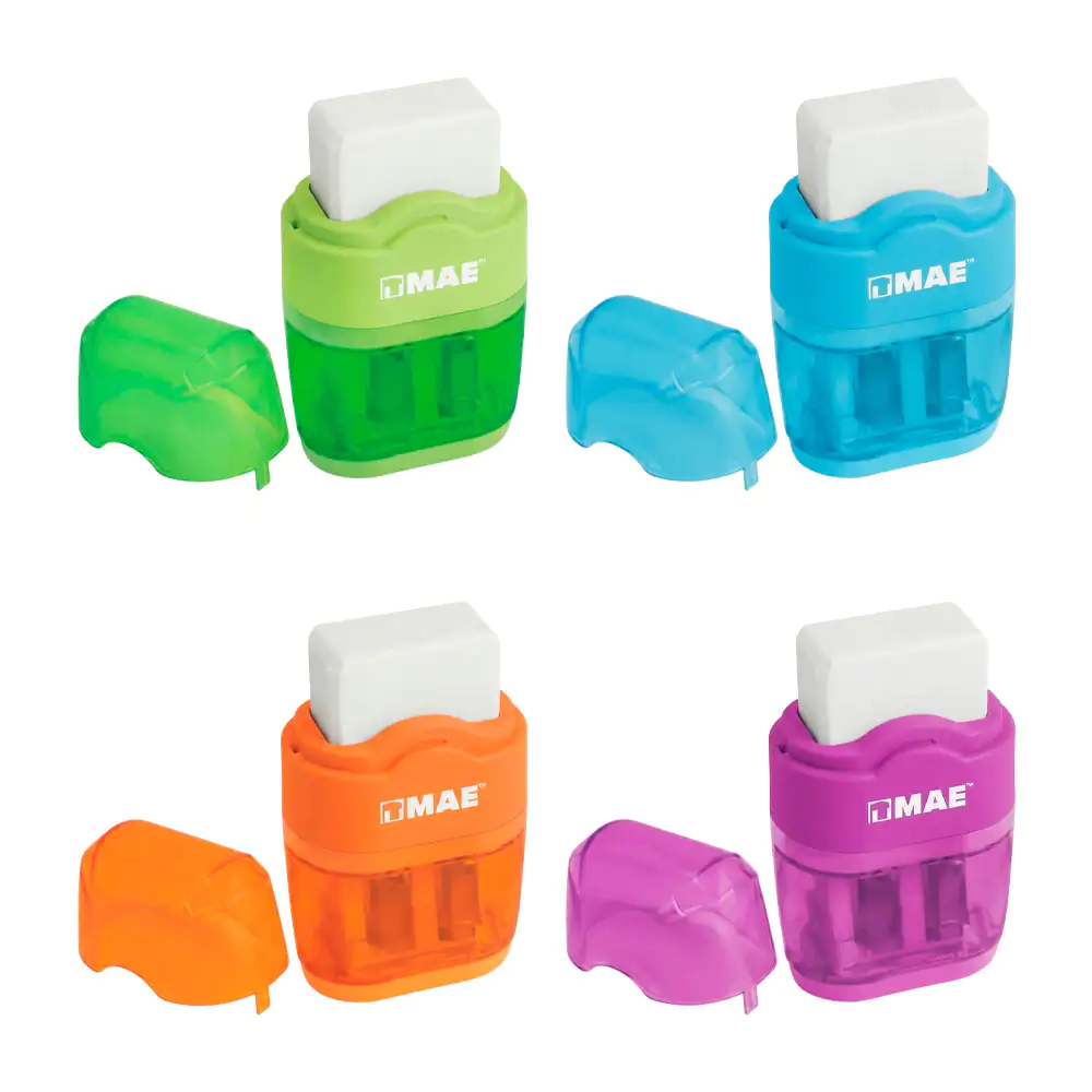 1pza Sacapuntas doble mae con contenedor para basura + goma borrador, variedad de colores