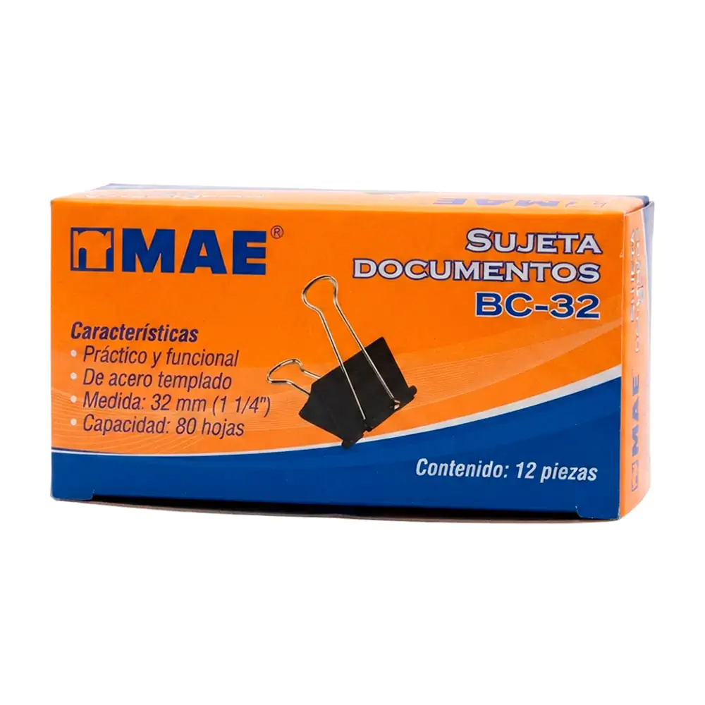paquerte de 12 sujeta documentos 32 mm mae con capacidad de 80 hojas / bc-32