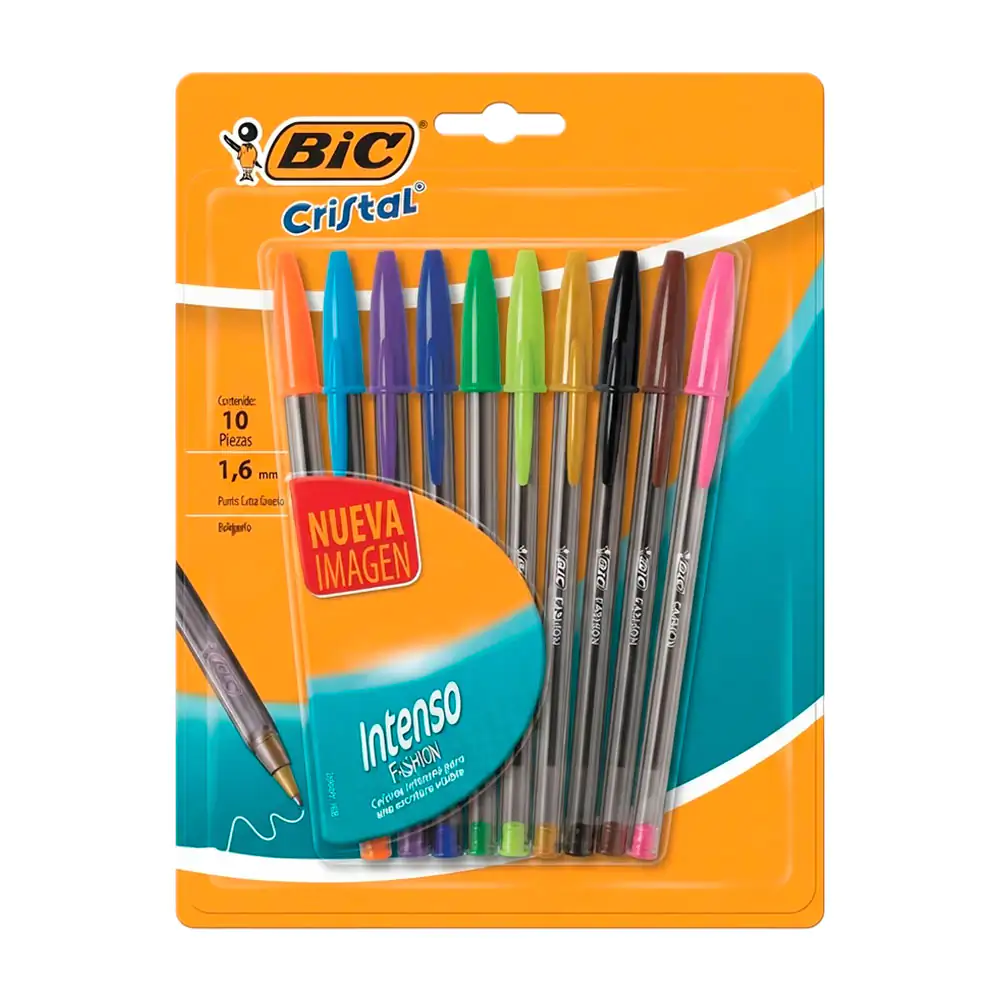 Blíster con 10 plumas bic cristal intenso fashion de punto extra grueso, 1.6mm, variedad de colores