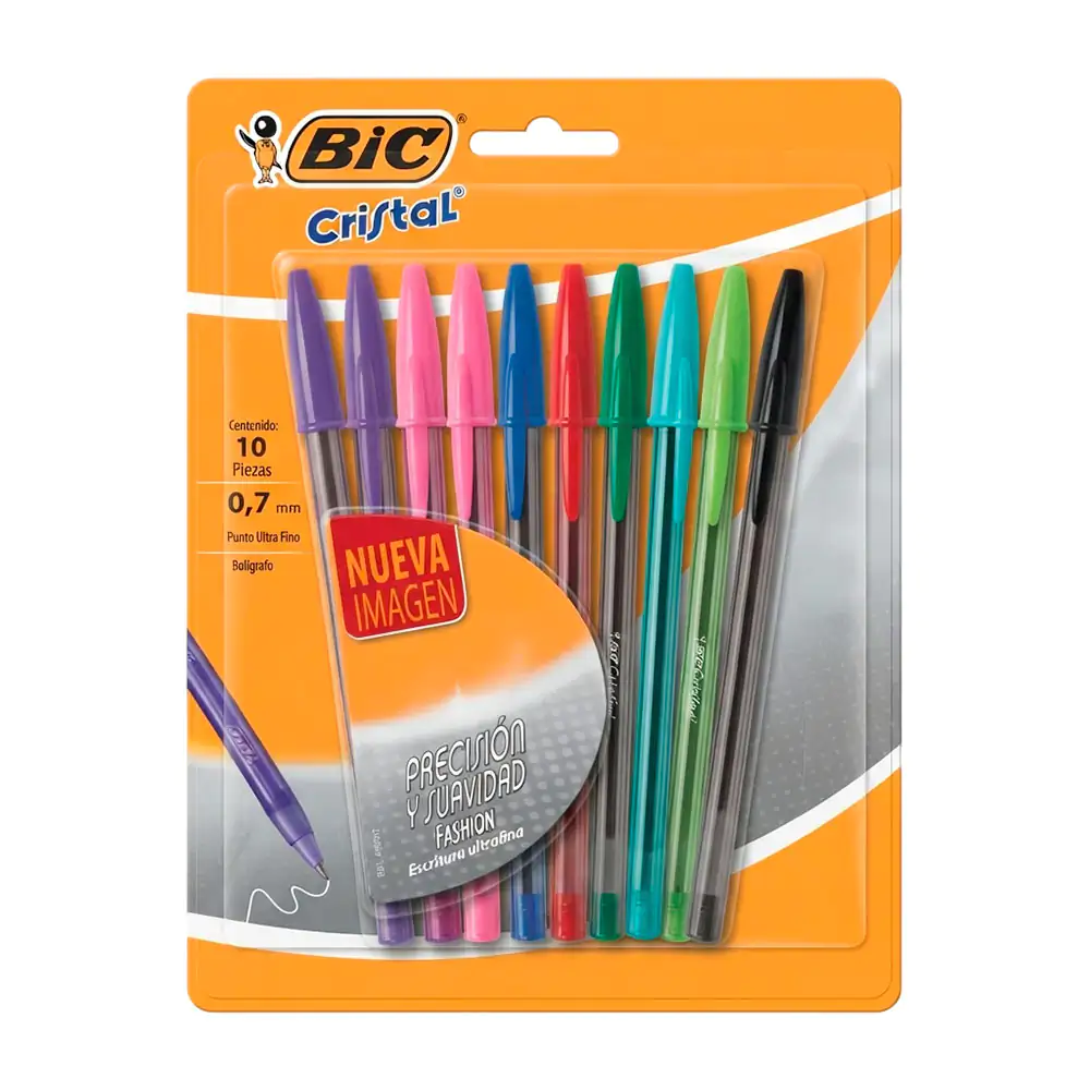 Blíster con 10 plumas bolígrafos bic cristal fashion de punto fino, v…