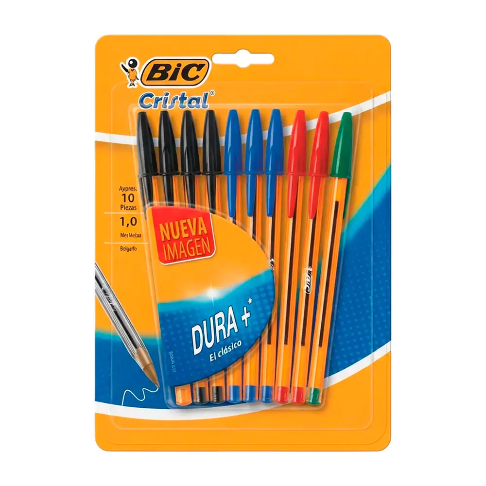 Blíster con 10 plumas bic cristal en punta mediana de 1.0mm, 4 tonos distintos / 17373
