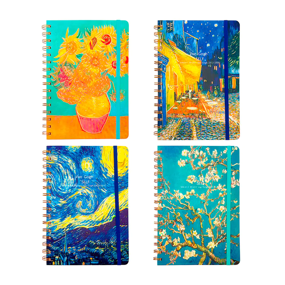 Libreta de pasta dura de 21cm x 16cm, de raya + resorte , estampado artístico de vincent van gogh