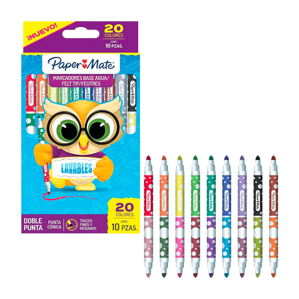 Paquete con 10 marcadores - plumones bicolores de agua paper mate, lavables, variedad