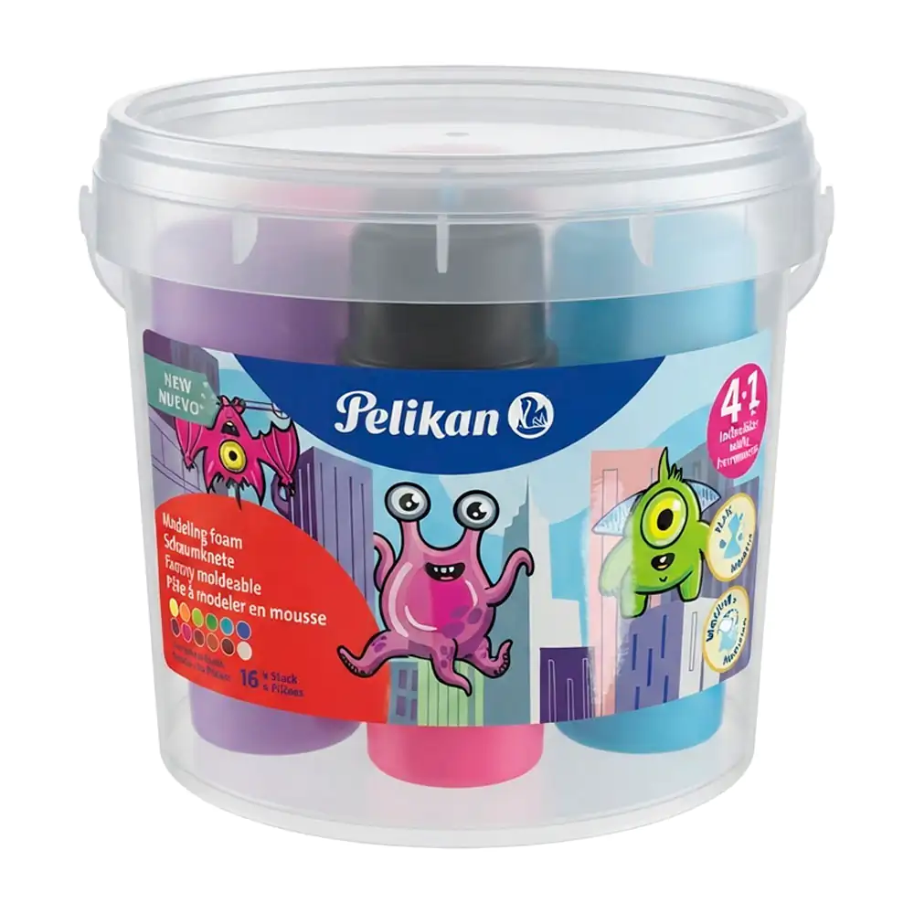 Cubeta con 16 mini botes de foamy moldeable pelikan de colores + herramientas