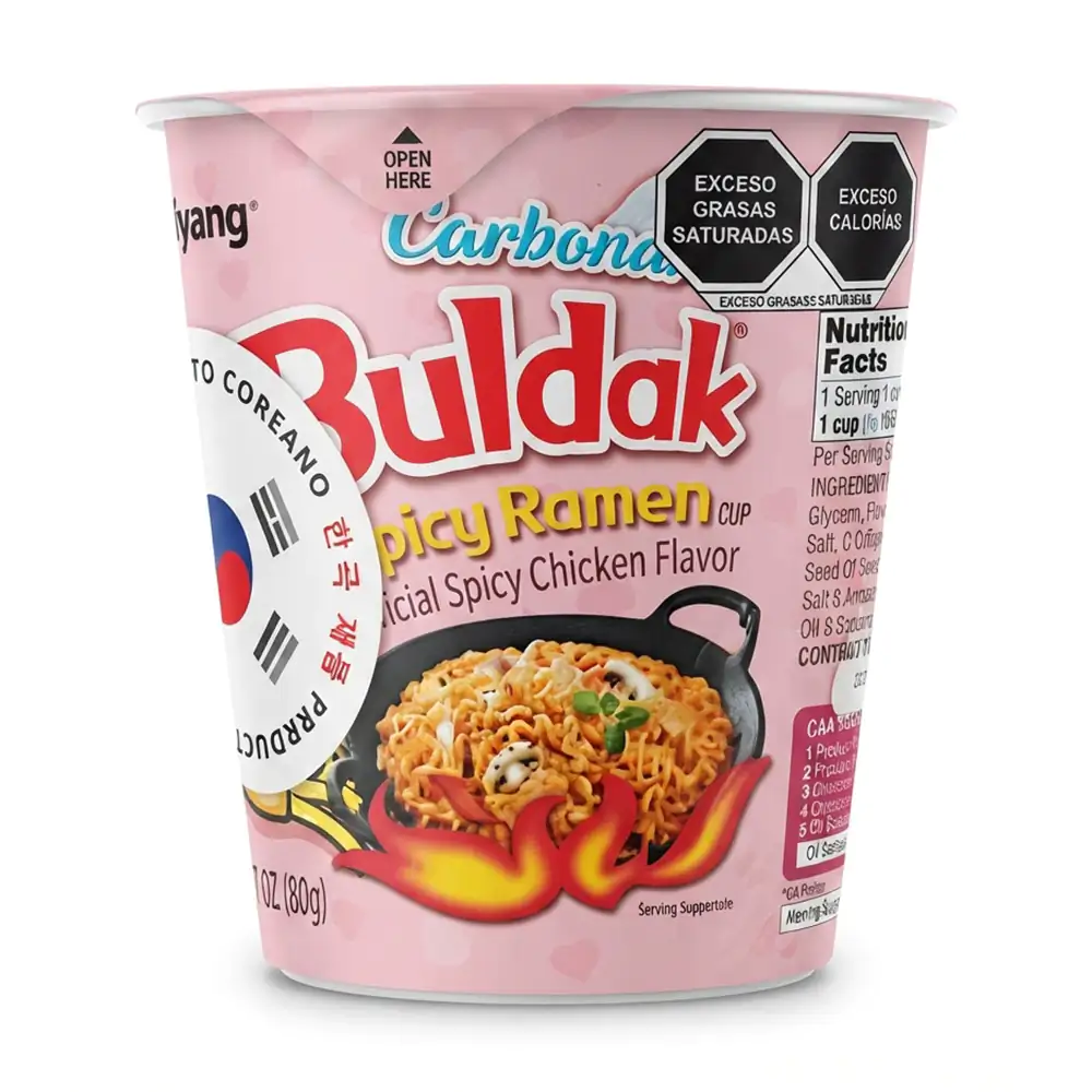 1pza sopa instantánea ramen buldak carbonara picosa, presentación en vaso, 80g / 211667