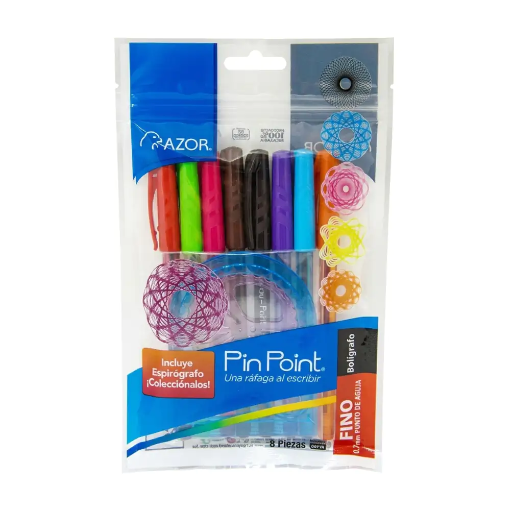 Paquete azor con 8 estilógrafos de punta fina + plantilla para hacer figuras, variedad 