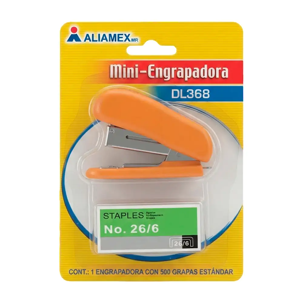 Blíster con mini engrapadora aliamex + caja con 500 grapas 26/6 / variedad