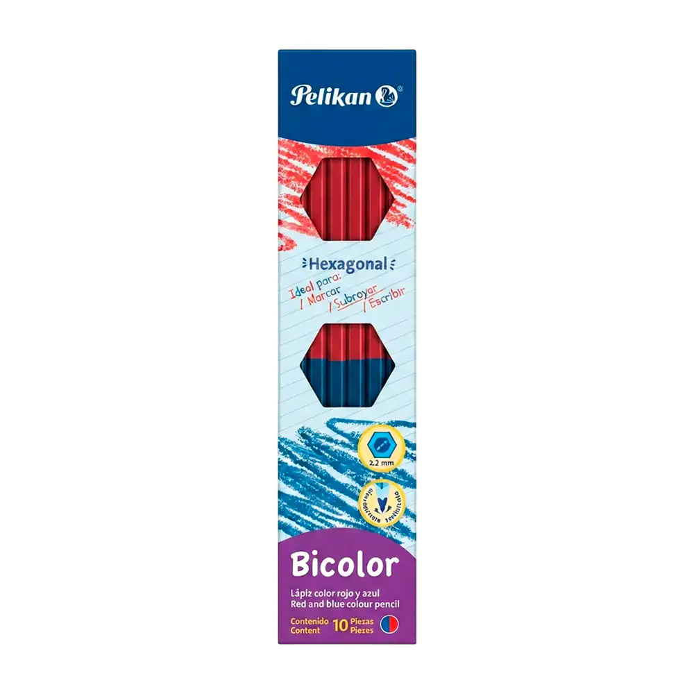 Paquete con 10 lápices hexagonales pelikan bicolor, azul y rojo