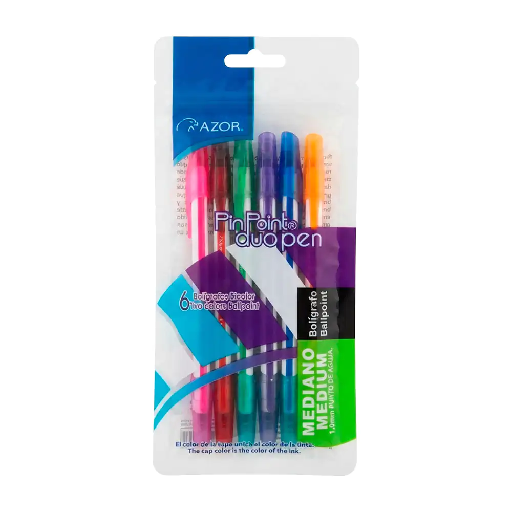 Paquete con 6 plumas bolígrafos bicolor de doble punta azor pin point dúo, variedad