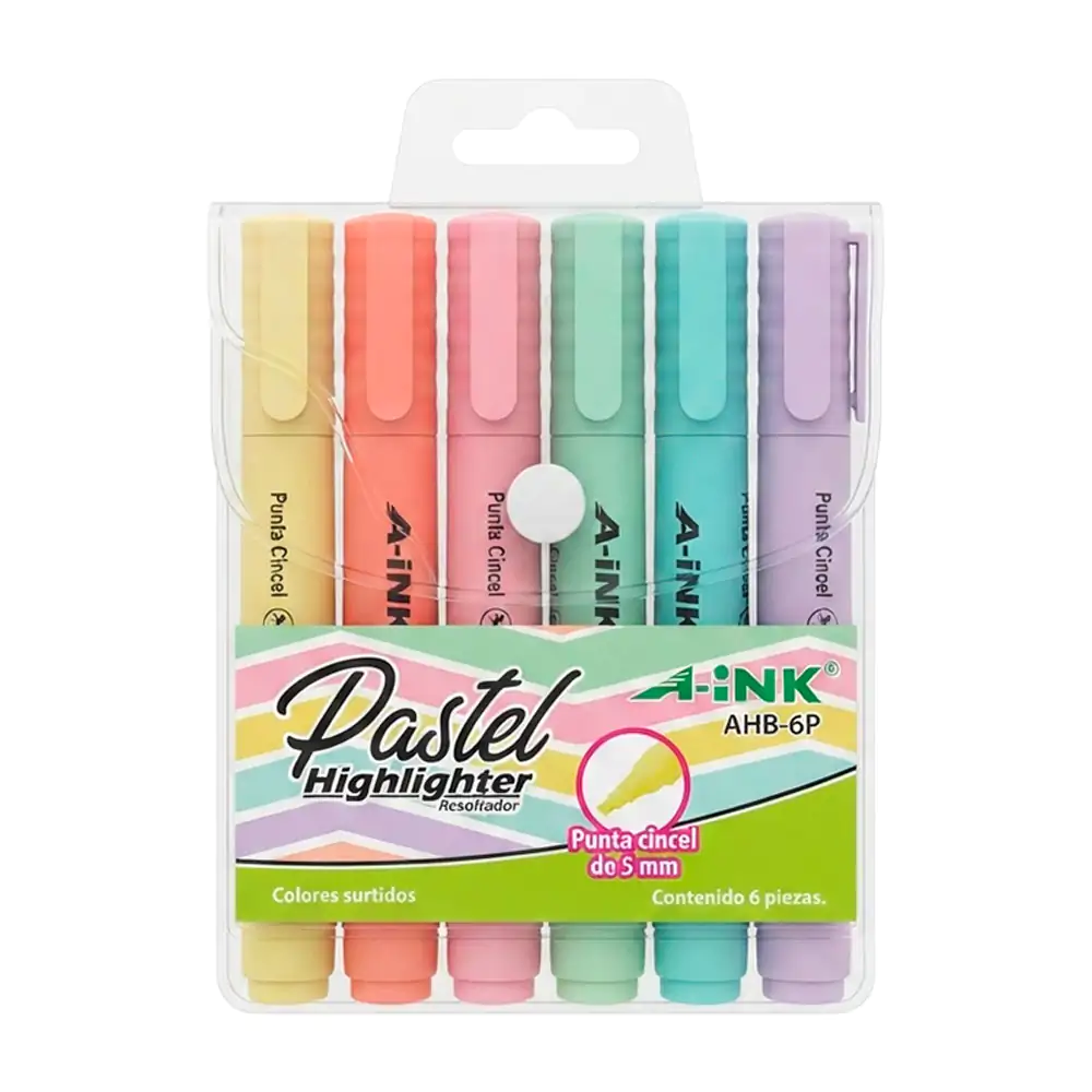 Paquete con 6 marcatextos a-ink en tonos pastel con binta biselada de 5mm, variedad
