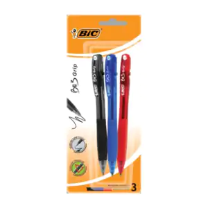 Blíster con 3 plumas bolígrafos bic bu3 grip retráctiles, roja, azul …