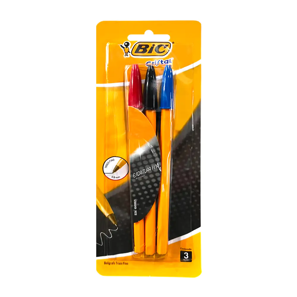 Blíster con 3 plumas bic cristal tinta azul, negro y rojo, 0.8mm