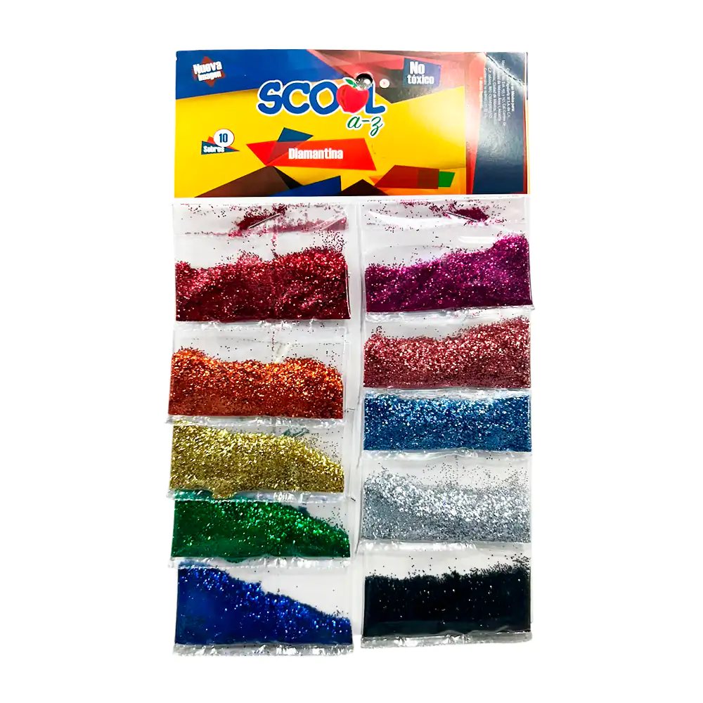 Blíster con 10 sobres de diamantina scool de diferentes colores
