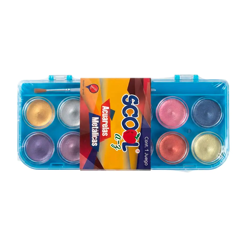 Estuche con 12 acuarelas scool redondas de colores metálicos + pincel