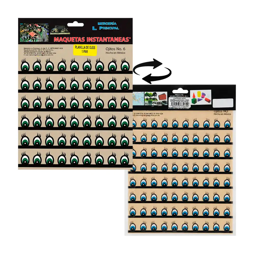 Planilla con stickers - calcamonía 67 pares de ojos con 2 medidas diferentes, variedad 
