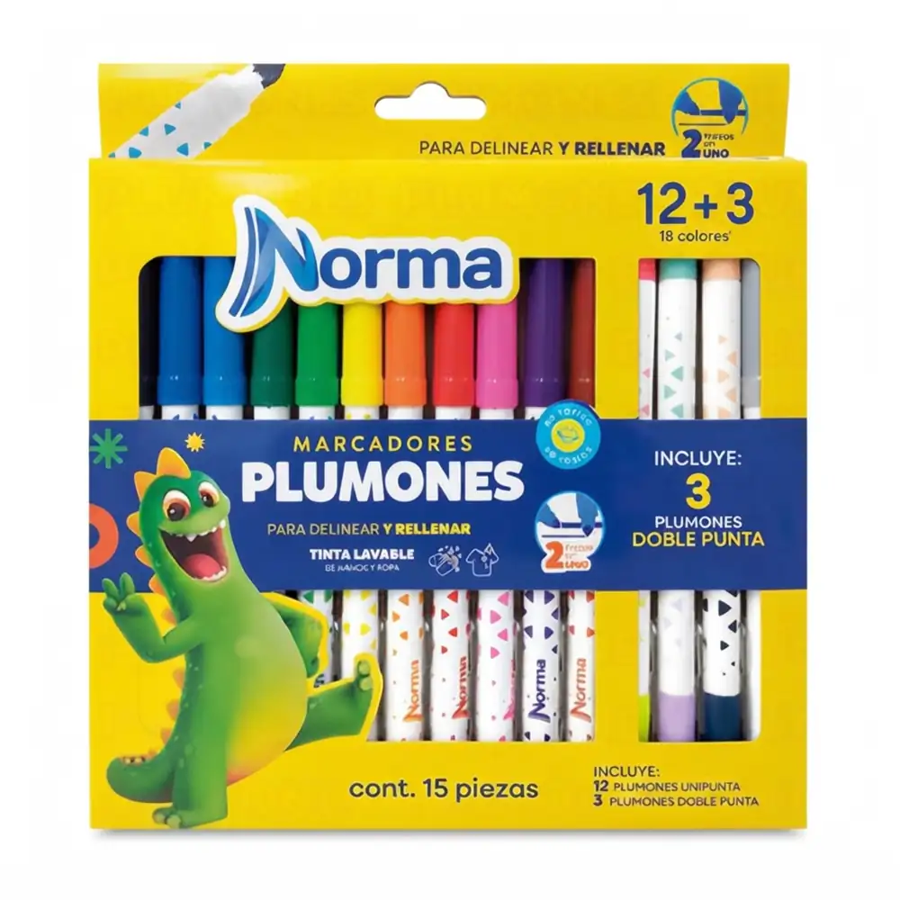Paquete con 15 plumones normal delgados, 12 normales + 3 dobles, variedad de colores / 29823