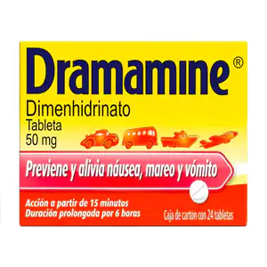 Paquete con 24 tabletas dramamine de 50mg cada una