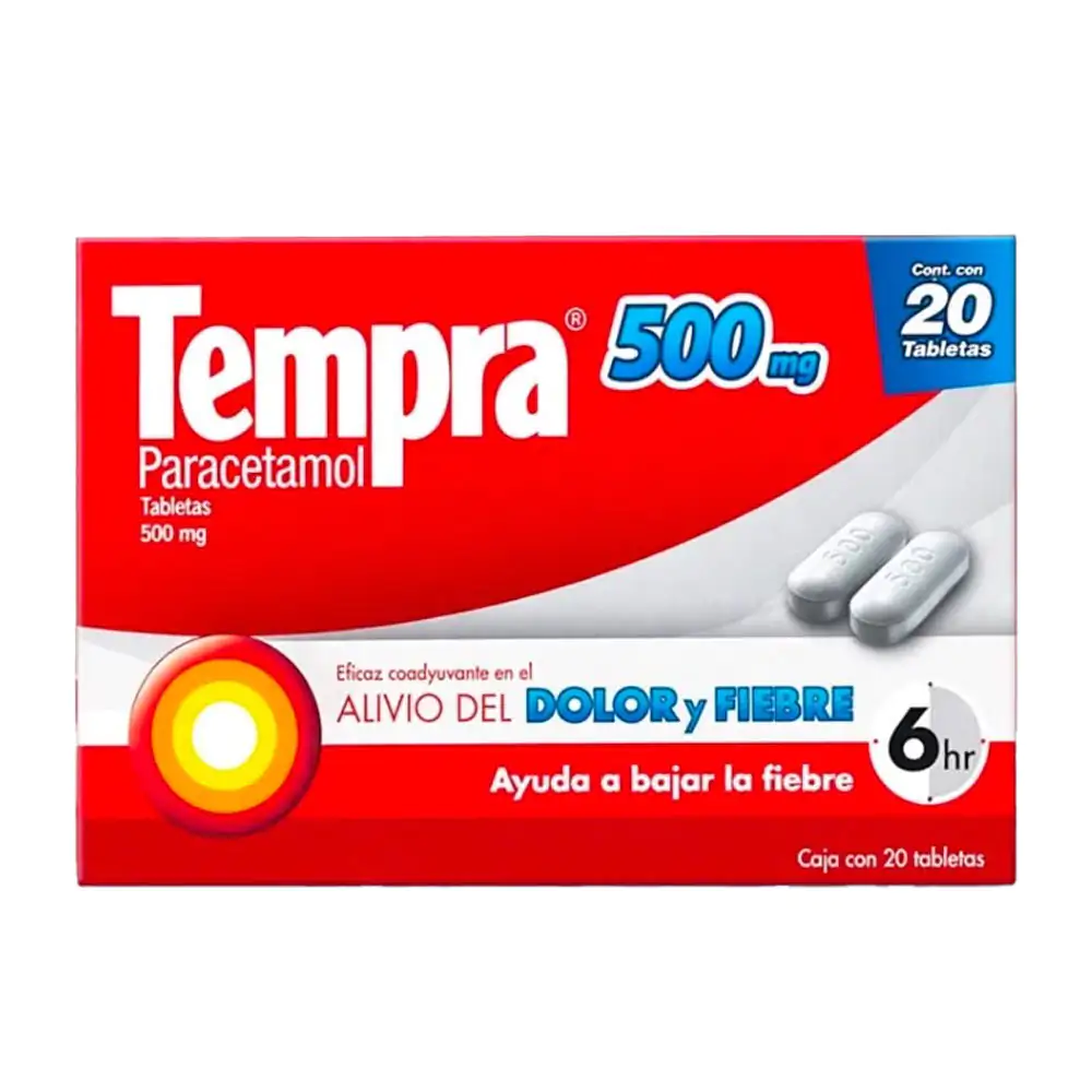 Paquete con 20 tabletas tempra 500mg