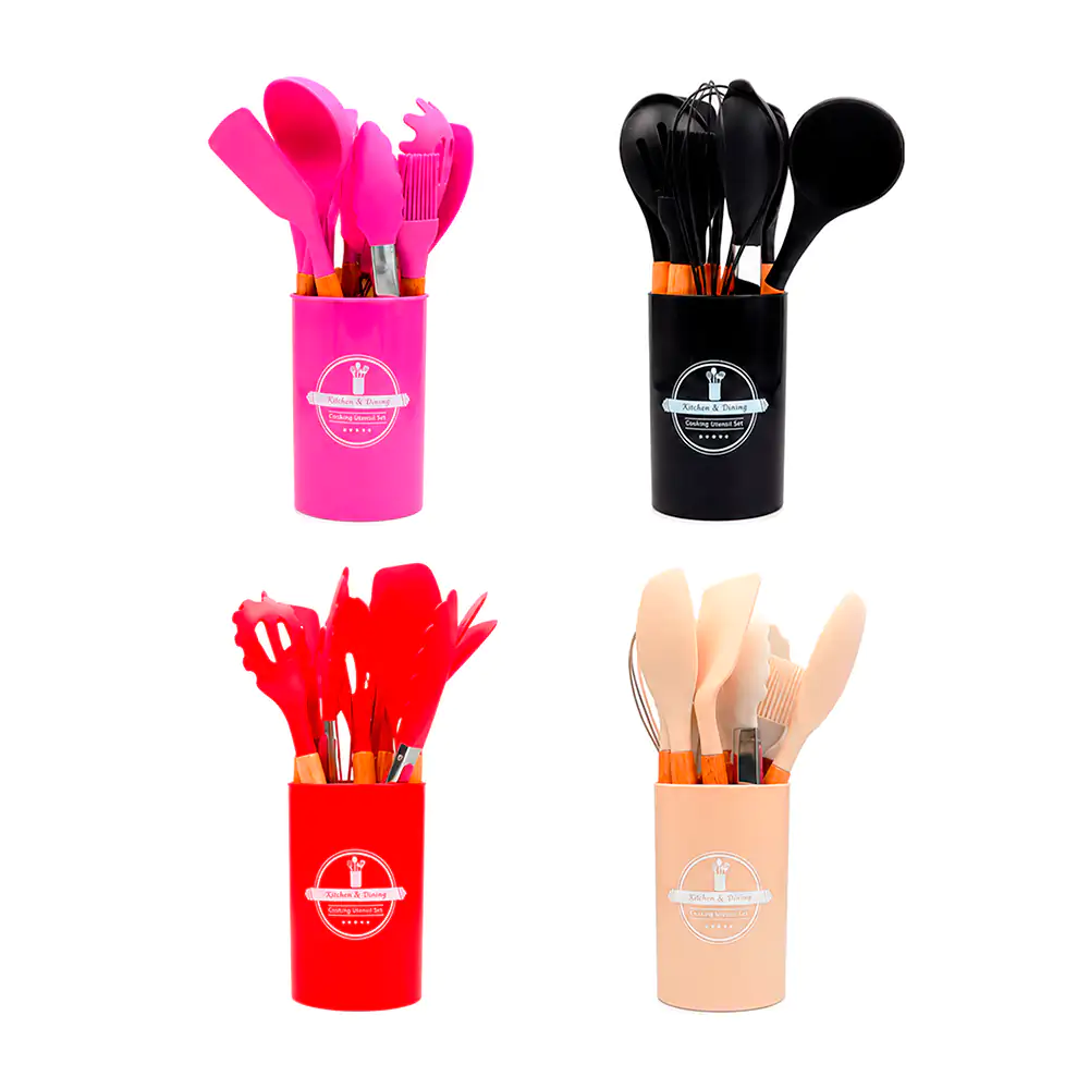 Set 11 utensilios de silicón con mango de madera para cocina + bote, …