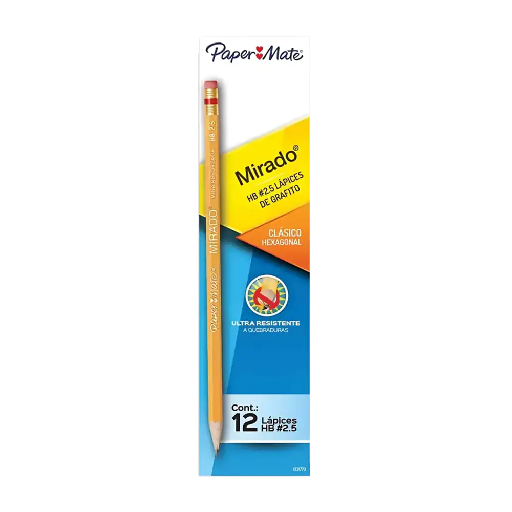 Paquete con 12 lápices hb #2.5 mirado paper mate de madera con borrador