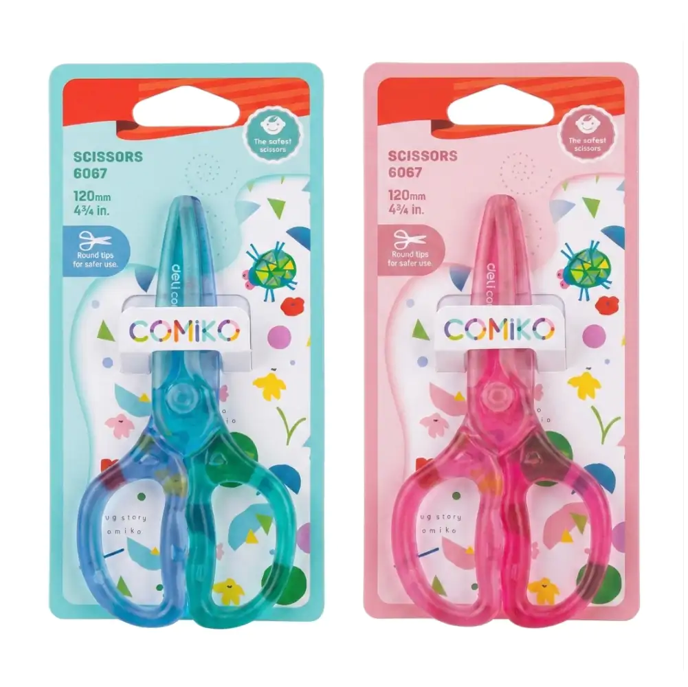 Blíster con tijeras infantiles de plástico deli para niños, variedad de colores 