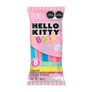 Paquete con 8 bolis hello kitty sabor algodón de azúcar y chicle