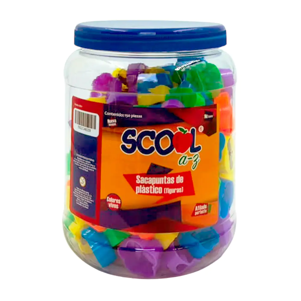 Bote scool con 150 sacapuntas de plástico con diferentes formas, variedad de colores 