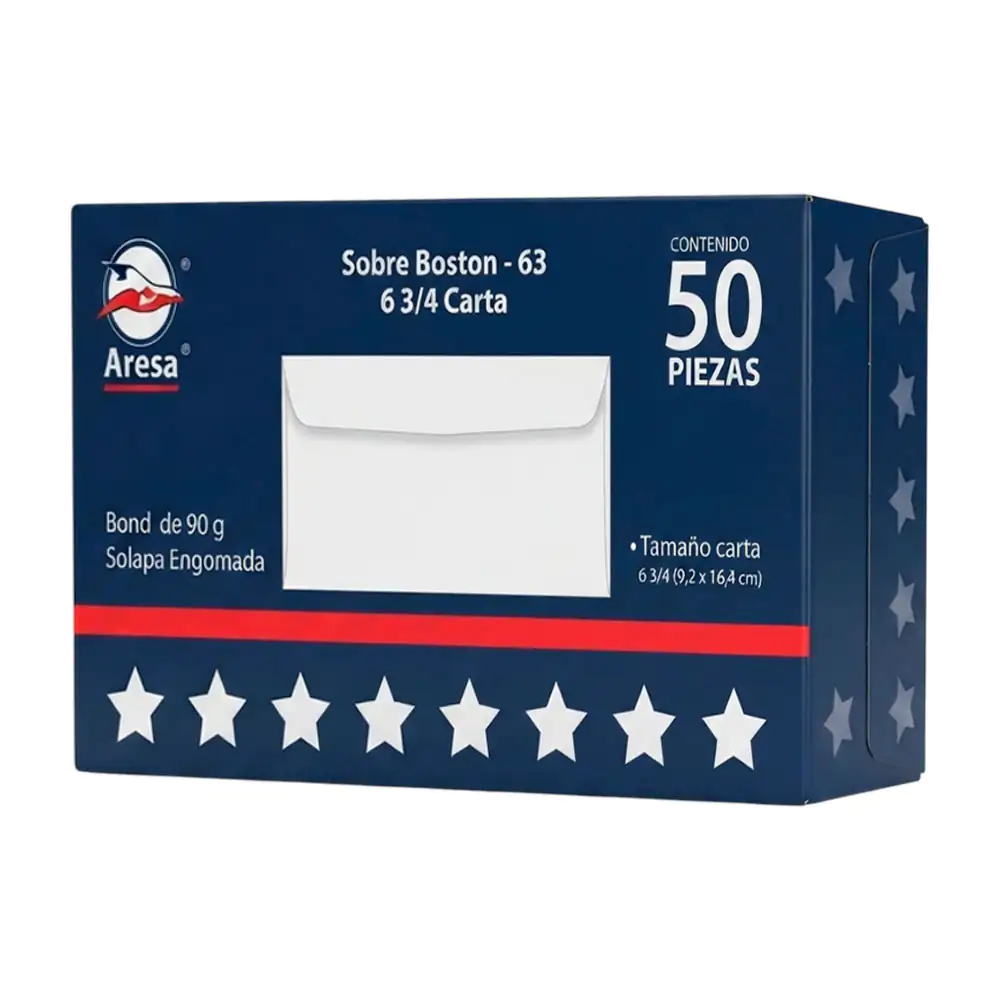 Caja con 50 sobres boston rectangulares de solapa engomada, 9.2x16.4cm