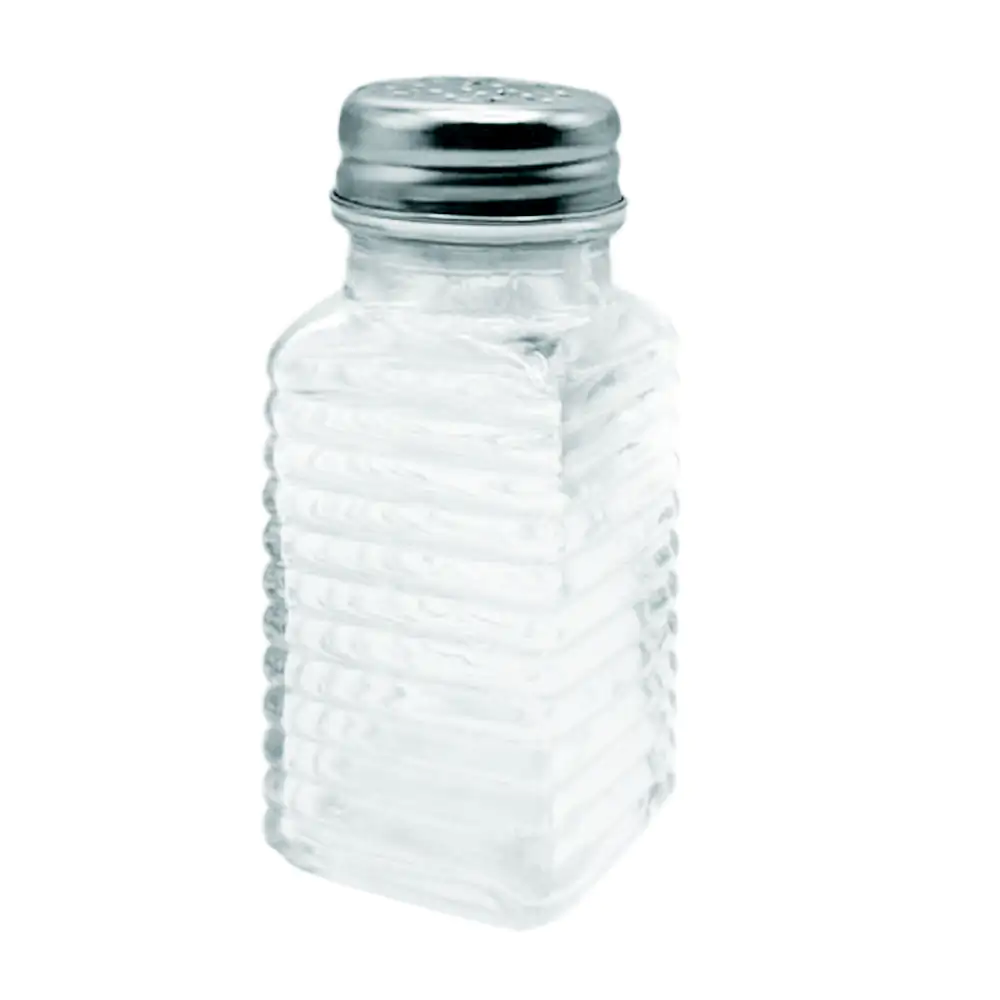 1pza Salero de cristal cuadrado con relieve y tapa de acero inoxidable