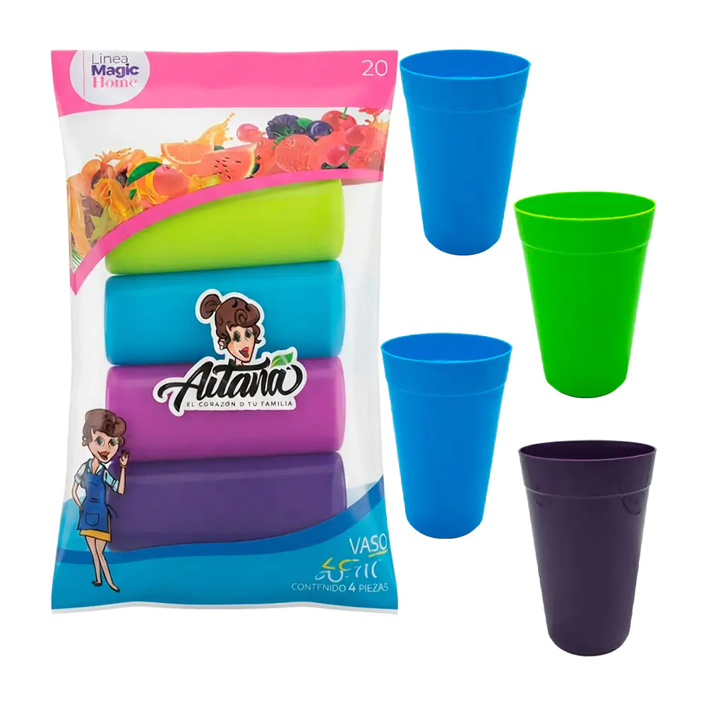Paquete aitana con 4 vasos de plástico con capacidad de 500ml, varied…