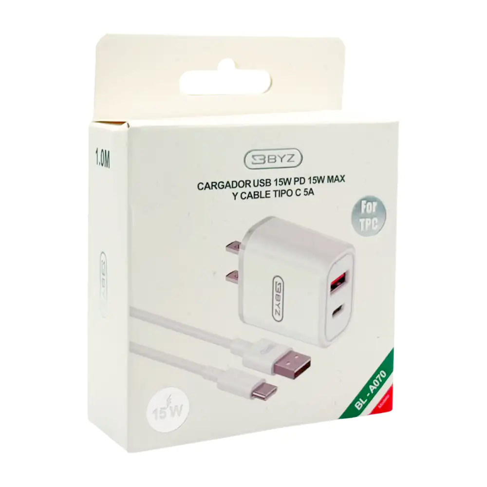 Combo cargador cubo con entrada usb y cable tipo c 15w con diseño dur…