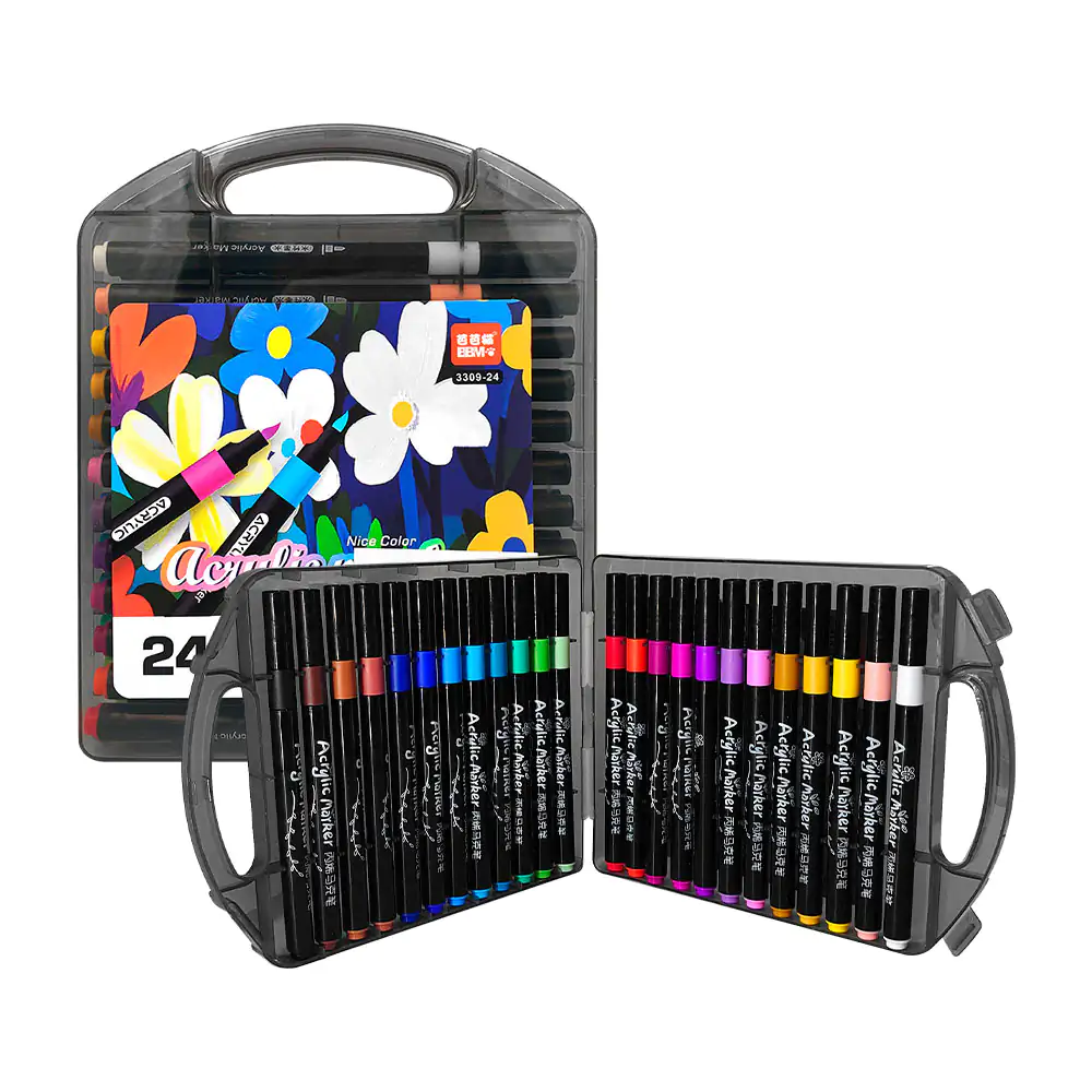 Estuche negro tipo maletín con 24 plumones acrilico de colores neón, variedad de colores / c448-528