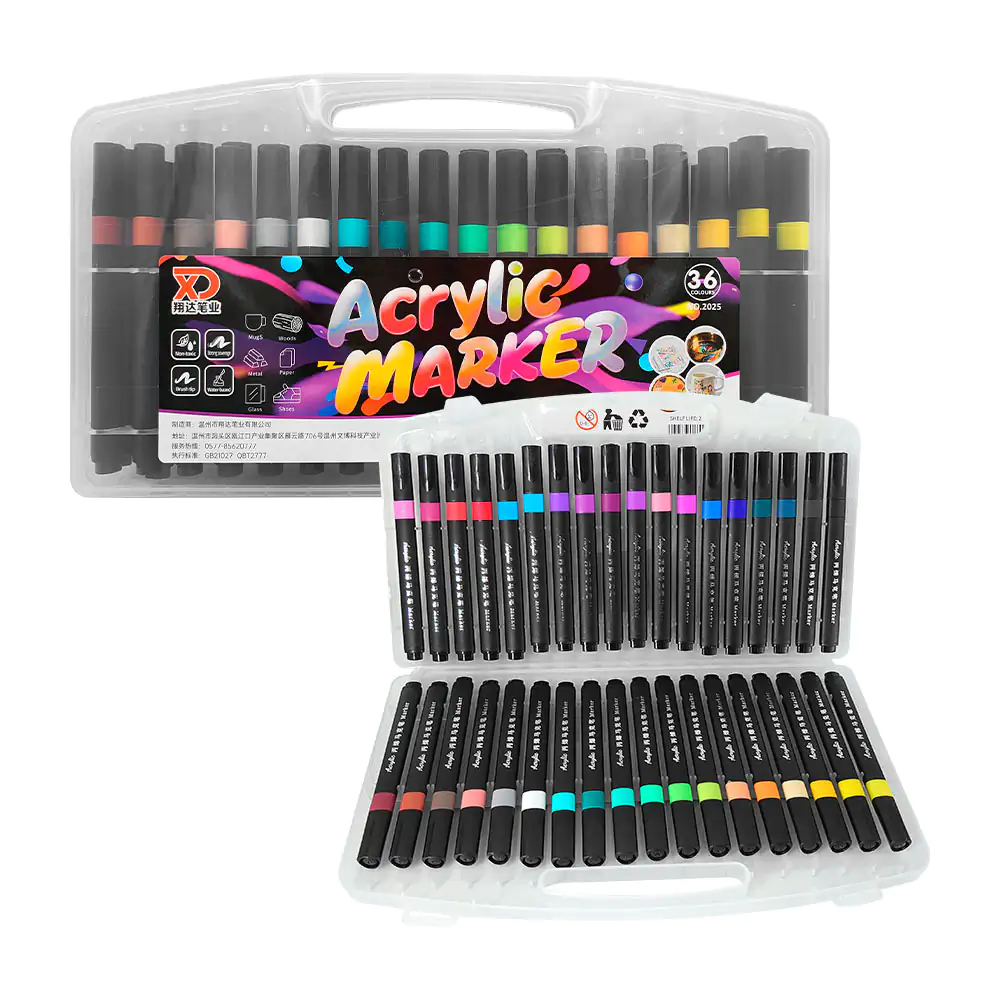 Estuche transparente tipo maletín con 36 plumones acrilico de colores neón, variedad de colores