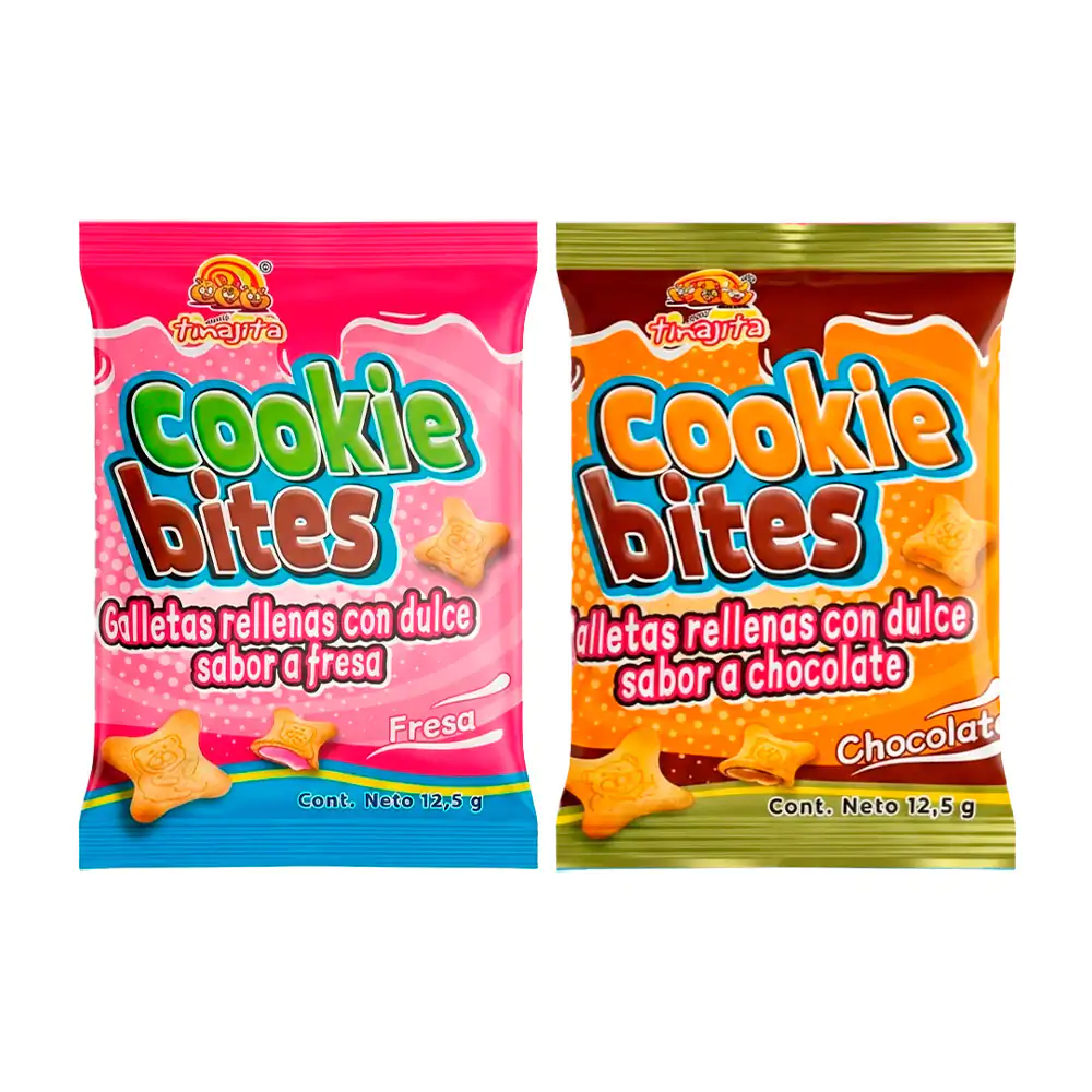 Paquete con mini galletas cookie bites rellenas sabor chocolate o fresa, 12.5g, variedad