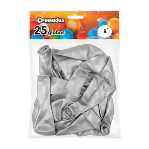 1pza bolsa con 25 globos cromados de 9in, color plateado / f4841
