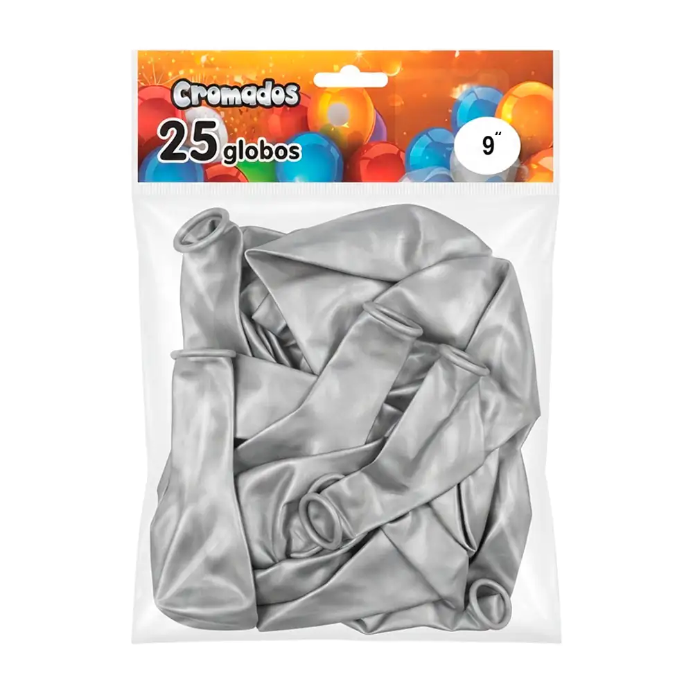 1pza bolsa con 25 globos cromados de 9in, color plateado / f4841