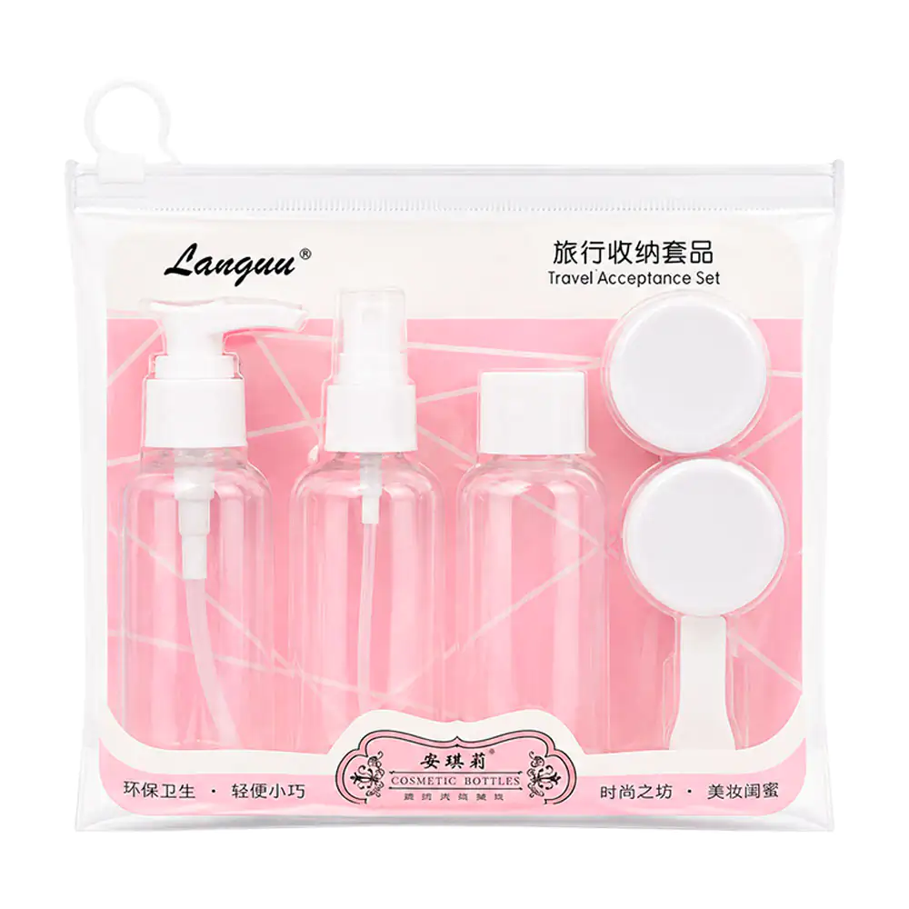 Set estuche de viaje con 3 botellas atomizadoras + 3 mini frascos redondos + utensilios 