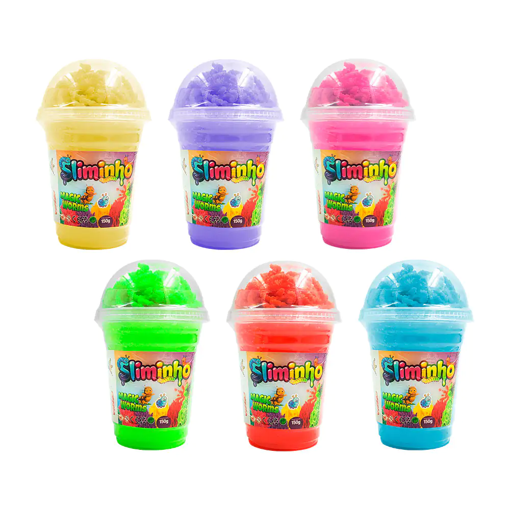 Bote de slime bicolor tapa con tipo spaghetti, variedad de colores