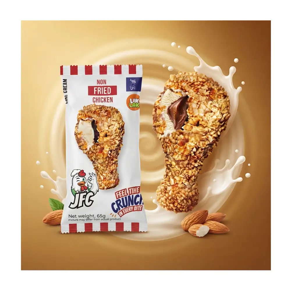 1pza helado cremoso coreano sabor vainilla con cubierta crujiente, forma de pieza de pollo frito, 65g