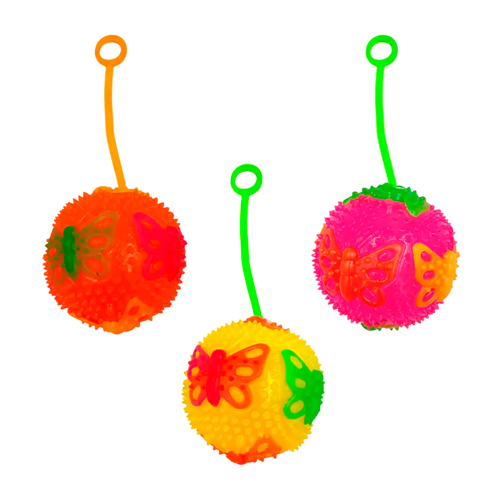 Pelota de 8cm tipo yoyo con luz y chifle, diseño de mariposa, varied…