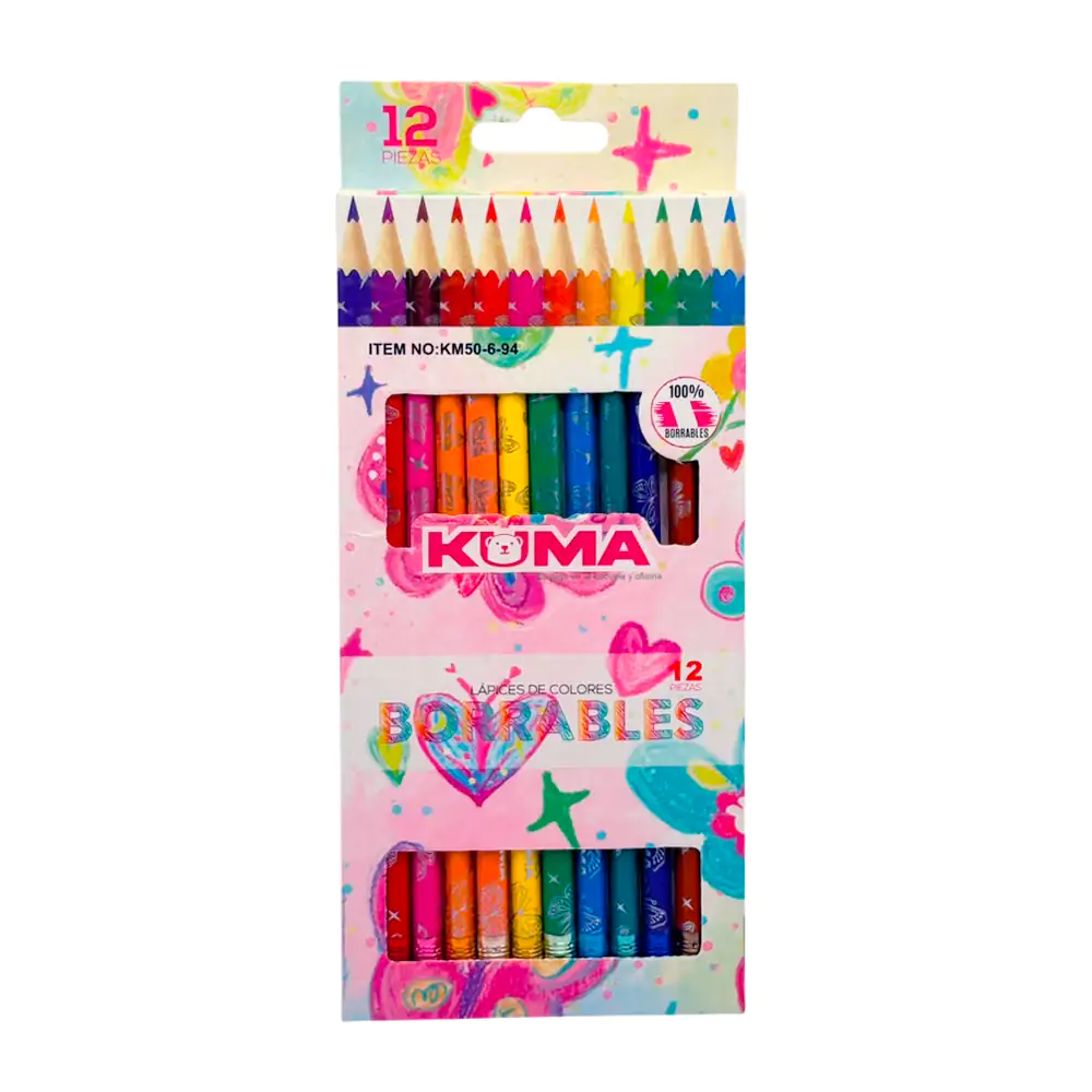 Estuche con 12 lápices de colores borrables kuma con estampado de mariposa, variedad