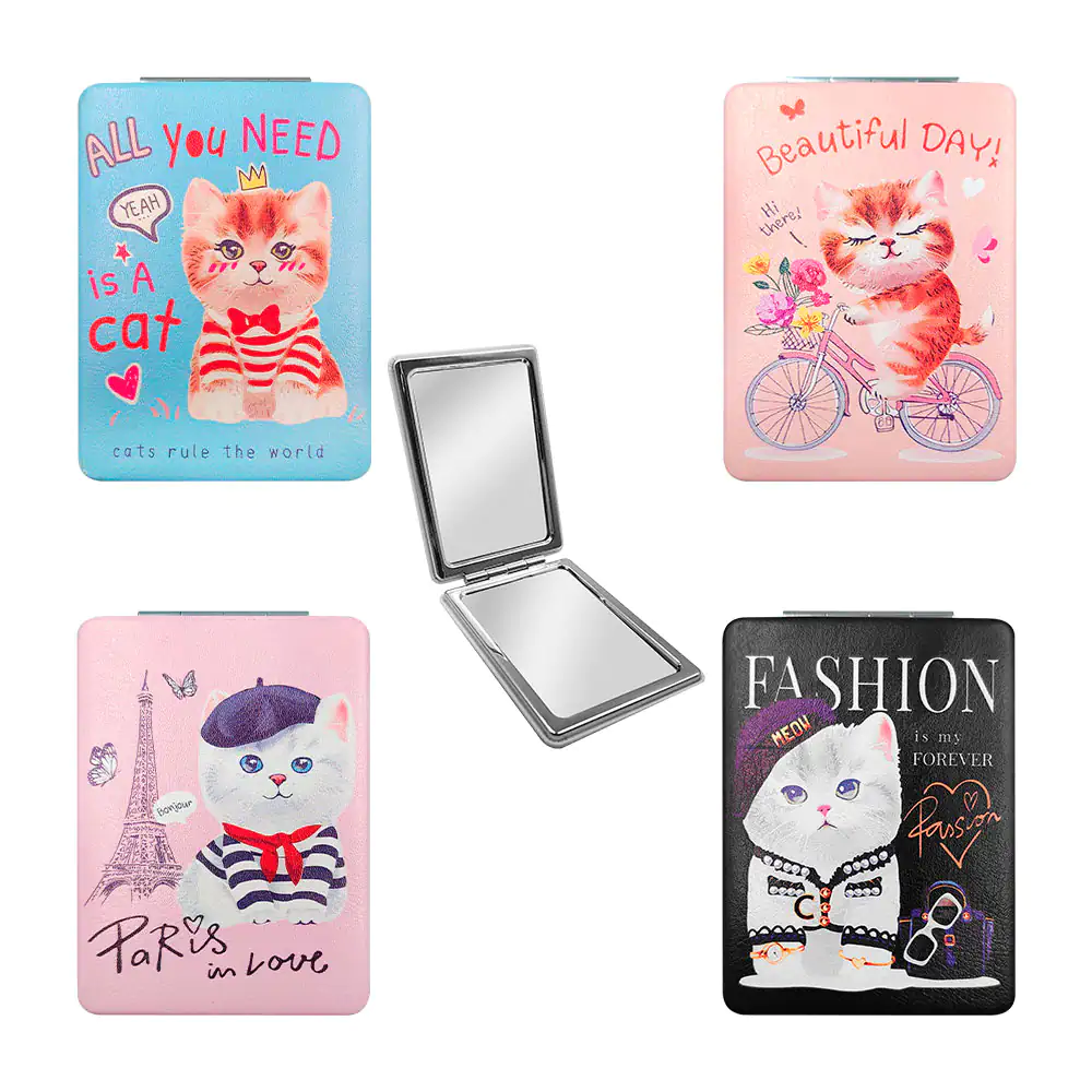 Espejo de bolsillo doble rectangular con aumento, imán y estampado de gatos, variedad